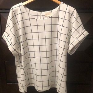 Melloday white and black windowpane short sleeve blouse